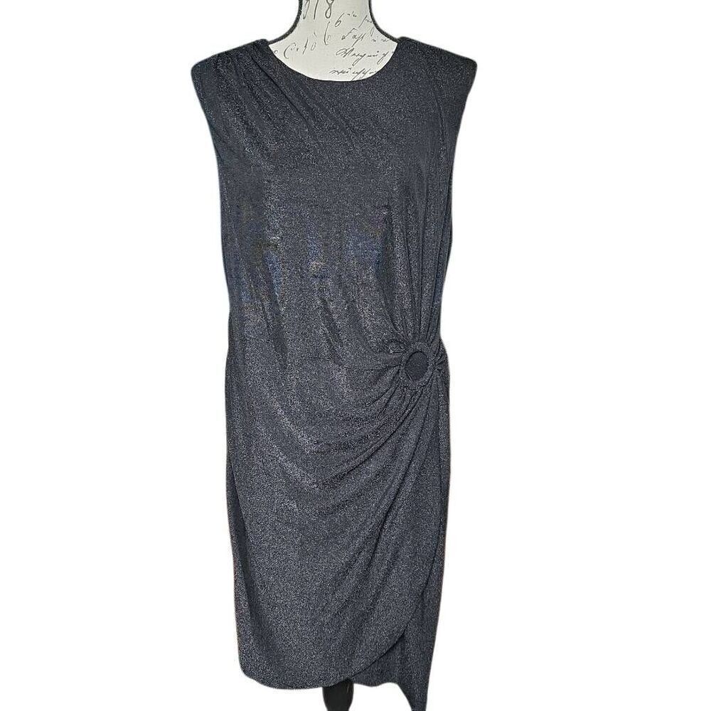 DKNY Women's Size 14 Black Shimmer Ruched Midi Length Dress